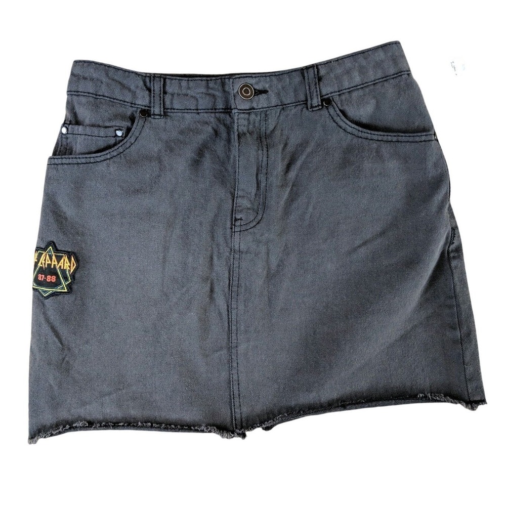 Def Leppard Womens Jrs Denim Mini Skirt 5 Distressed Embroidered Patch Festival